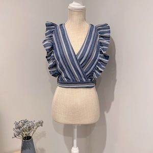 Fashion On Earth Ruffle Wrap Tie Crop Top | Blue Grey Stripes Size Large